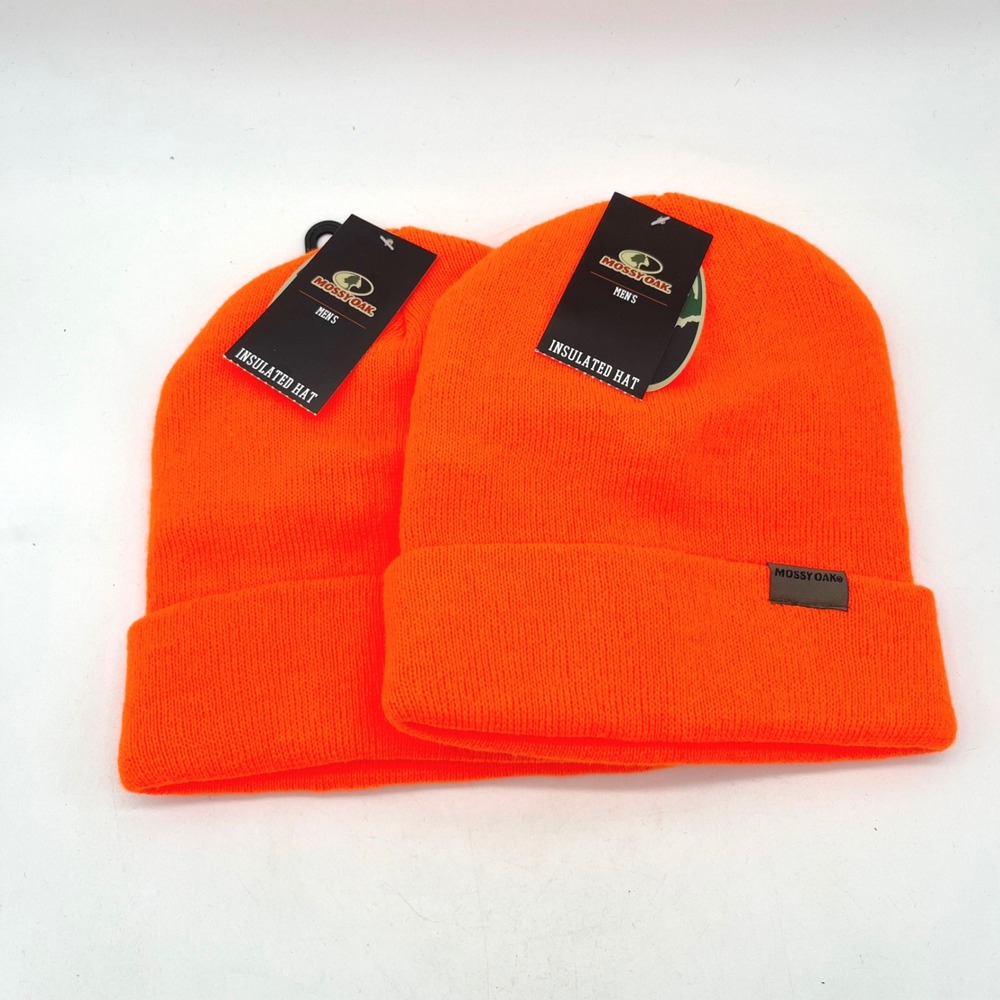 Mossy Oak Mens Insulated Beanie Hat 2 Pack Blaze Orange Hunting Safety Cap